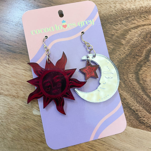 Sun + Moon Earrings - Red Mirror
